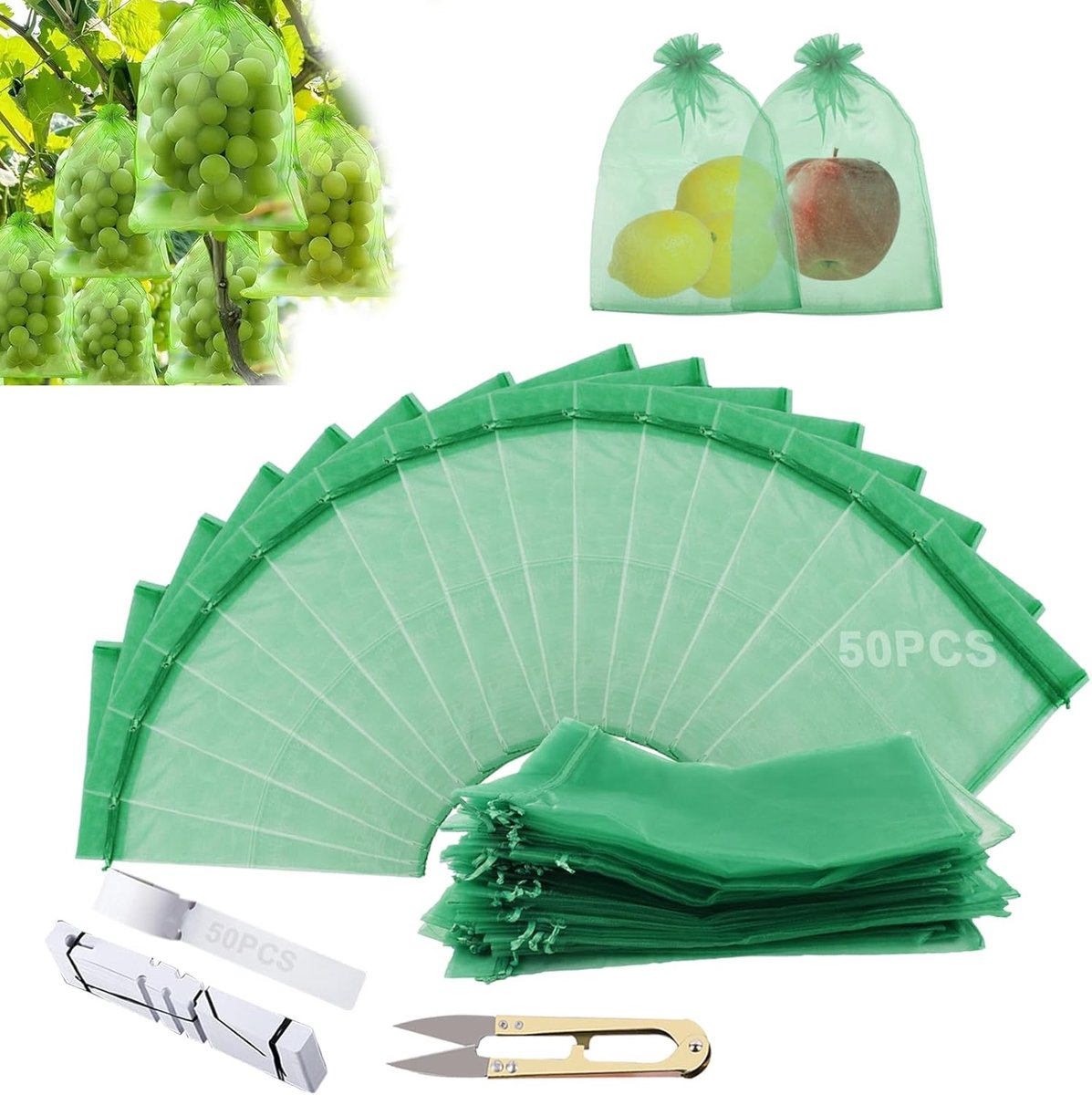SnelShoppen - Grape Protection Bags 50 stuks, Fruitbeschermzakken 23 x 17 cm met Treksluiting voor Druiven, Appels, Peren, Mango’s - Beschermingszakke