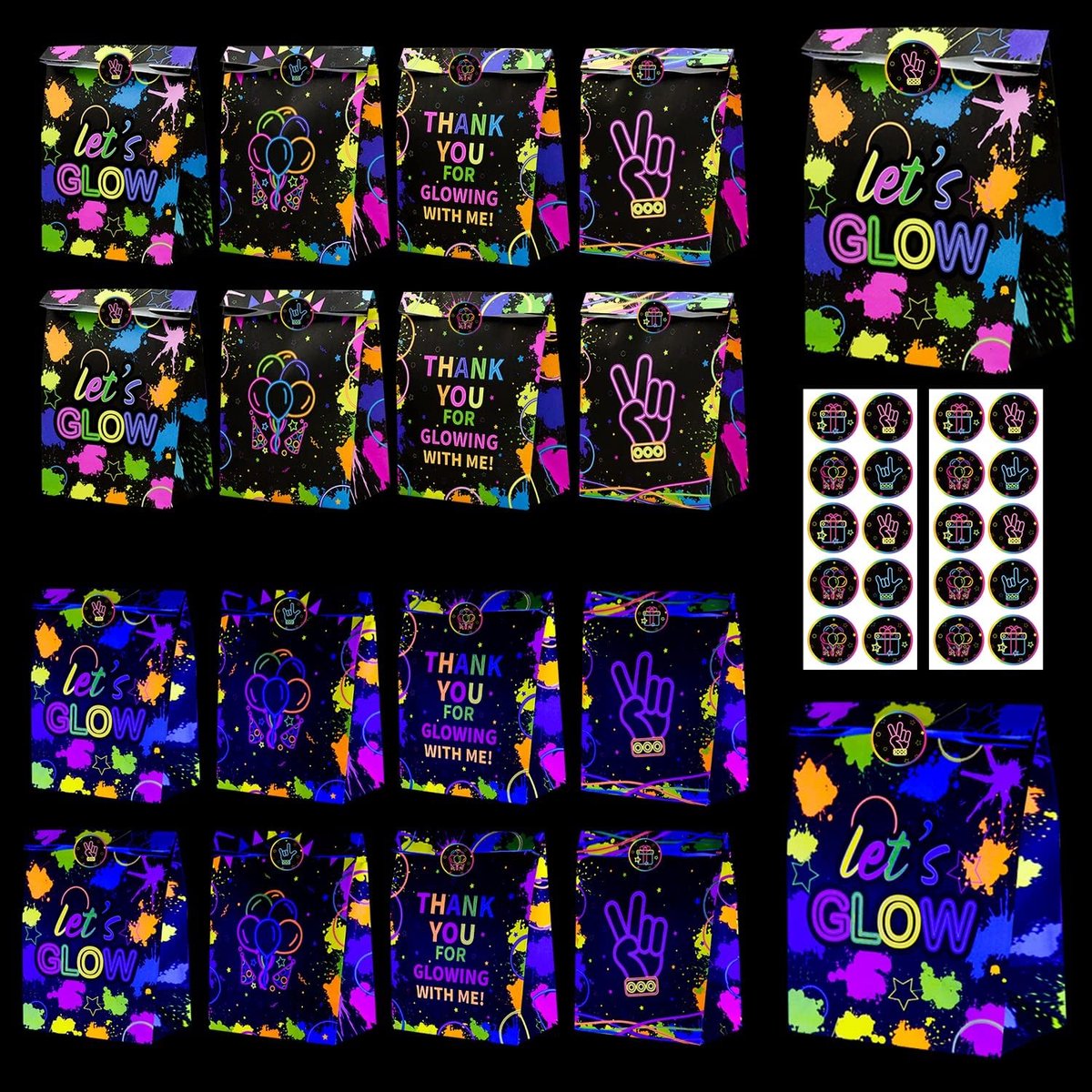 SnelShoppen - Glow Neon Party Gift Bags - 20 Stuks Fluorescerende Goodie Bags met Stickers voor Verjaardagsfeest, Feestdecoratie, Treat Bags, Neon Des