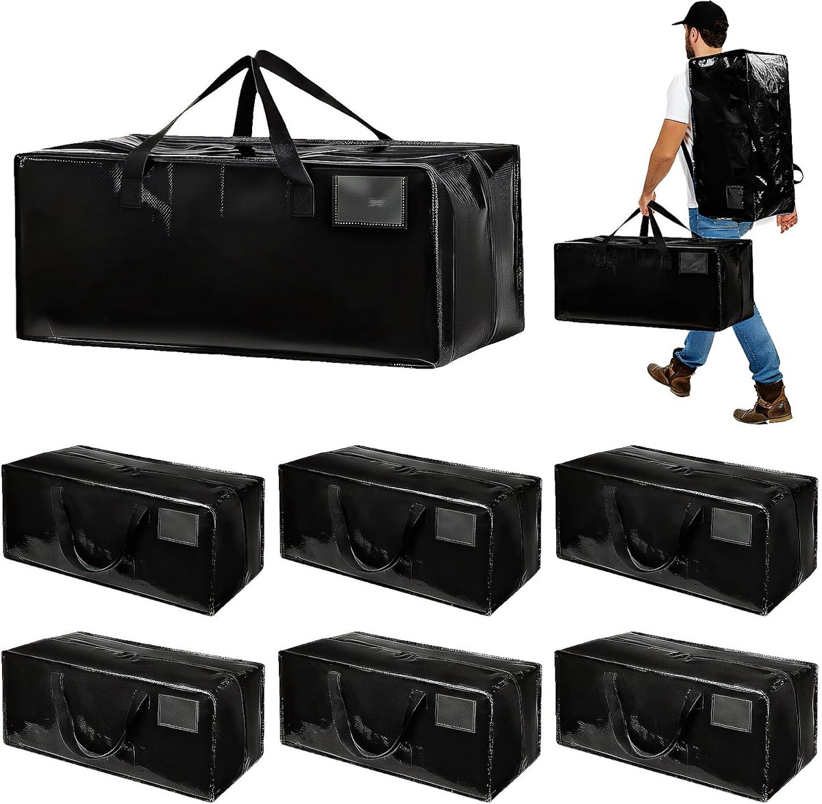 SnelShoppen - Grote Verhuiszakken 90L, Waterdicht met Rugzakriem, Sterke Handvatten, Ruimtebesparende Opbergzakken voor Kleding en Spullen, Zwart, Set
