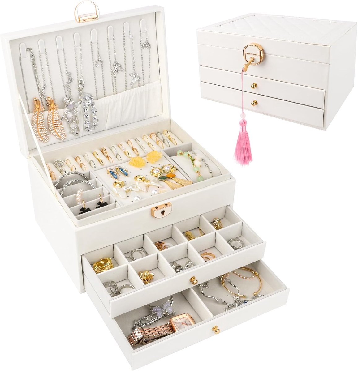 SnelShoppen - Luxe 3-laags Sieradenbox, Vrouwen Leer Sieradenhouder met 2 Lades voor Ringen, Oorbellen, Kettingen en Horloges, Elegant en Ruimtebespar