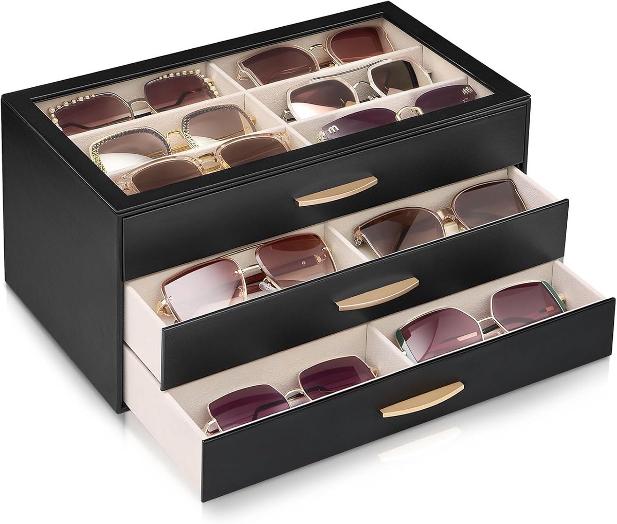 SnelShoppen - Elegante 3-Step Zonnebril Houder voor Dames - PU Met Deksel - 18 Pairs - Zwart - Ideaal voor Dresser, Garderobe en Organisatie