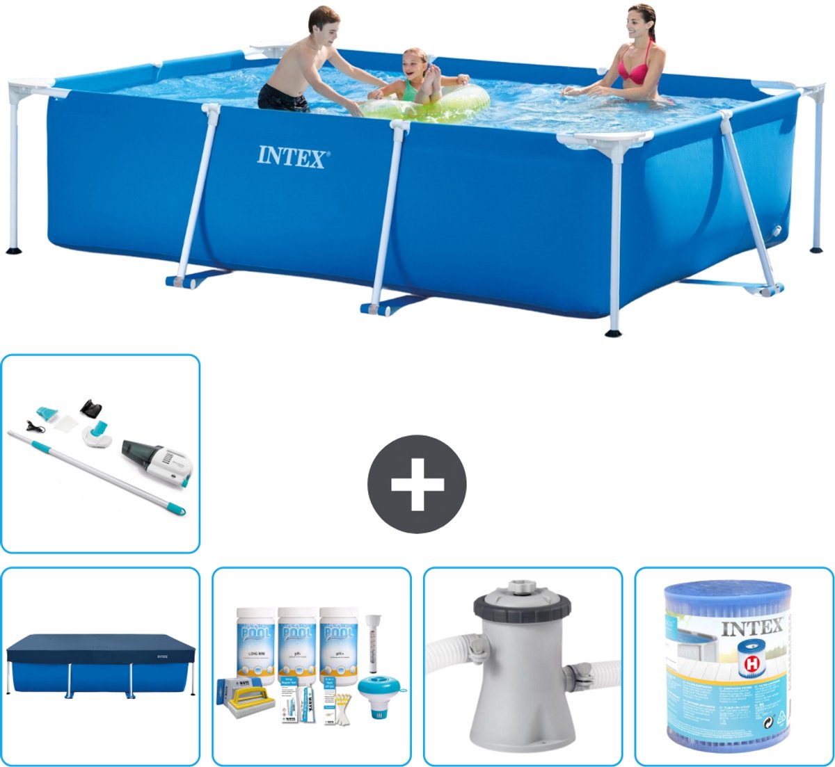 Intex Rechthoekig Frame Zwembad - 300 x 200 x 75 cm - Blauw - Inclusief Afdekzeil - Onderhoudspakket - Zwembadfilterpomp - Filter - Stofzuiger - 6-delig