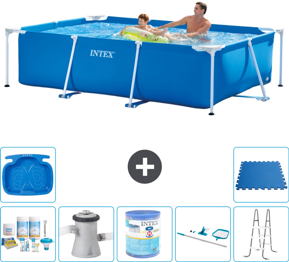 Intex Rechthoekig Frame Zwembad - 260 x 160 x 65 cm - Blauw - Inclusief Onderhoudspakket - Zwembadfilterpomp - Filter - Schoonmaakset - Ladder - Voetenbad - Vloertegels - 8-delig