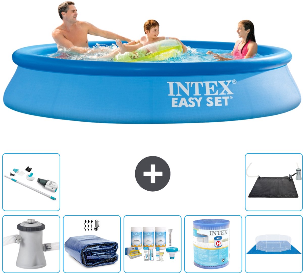 Intex Rond Opblaasbaar Easy Set Zwembad - 305 x 61 cm - Blauw - Inclusief Pomp - Solarzeil - Onderhoudspakket - Filter - Grondzeil - Stofzuiger - Solar Mat - 8-delig