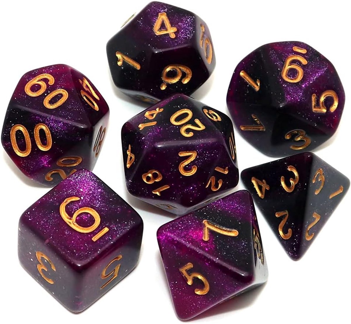 SnelShoppen - DND Polyhedral Dice Set Black Mix Purple Nebula - 7-delige Set Acryl Dobbelstenen voor Dungeons & Dragons, Pathfinder RPG, Bordspellen m