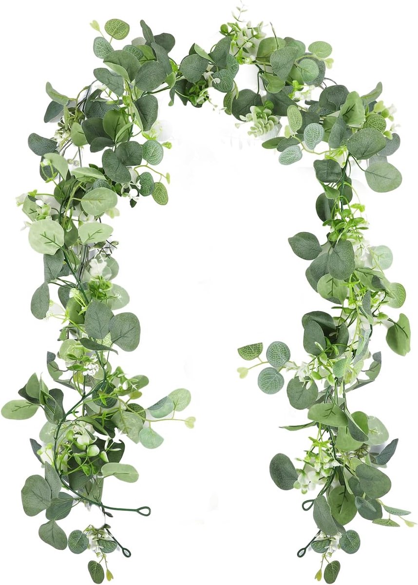 SnelShoppen - Eucalyptus Garland 1.8m Kunstplant Wreath met Witte Bloemen - Kunstplanten voor Bruiloft, Tafeldecoratie, Bogen & Thuisgebruik