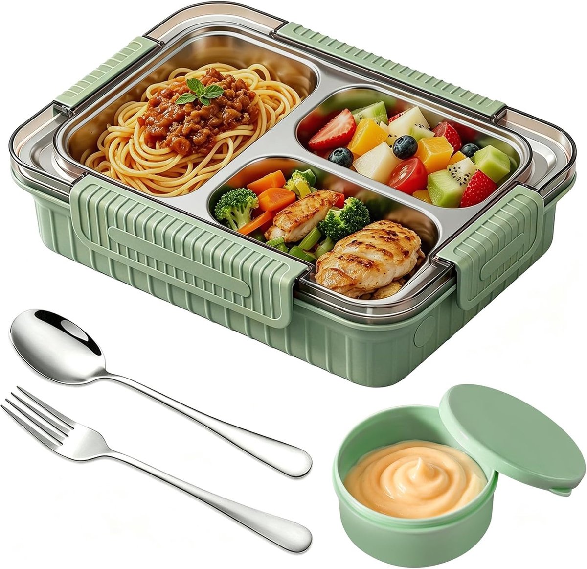SnelShoppen - Lunchbox Roestvrij Staal 1000 ml met 3 Vakken, Waterdichte Lunchbox voor Volwassenen, Praktische Bento Box voor Kantoor, School en Reize