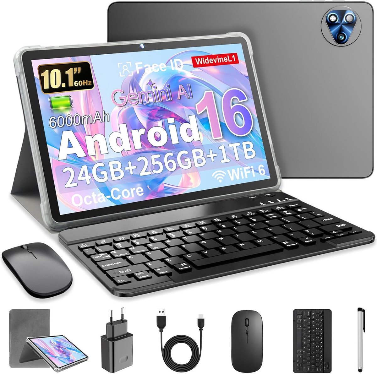 SnelShoppen - Android 16 Tablet 10 Inch - Octa-Core - 24GB RAM - 128GB ROM - 1TB TF - HD Display 1920x1200 - 8MP + 13MP Camera - Met Keyboard, Mouse &