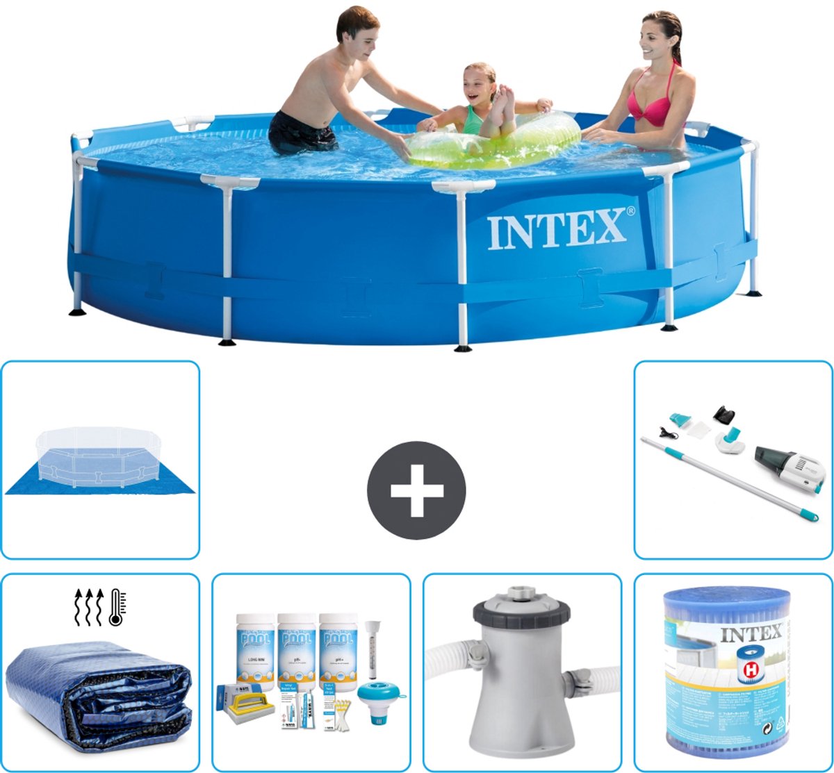 Intex Rond Frame Zwembad - 305 x 76 cm - Blauw - Inclusief Solarzeil - Onderhoudspakket - Zwembadfilterpomp - Filter - Grondzeil - Stofzuiger - 7-delig