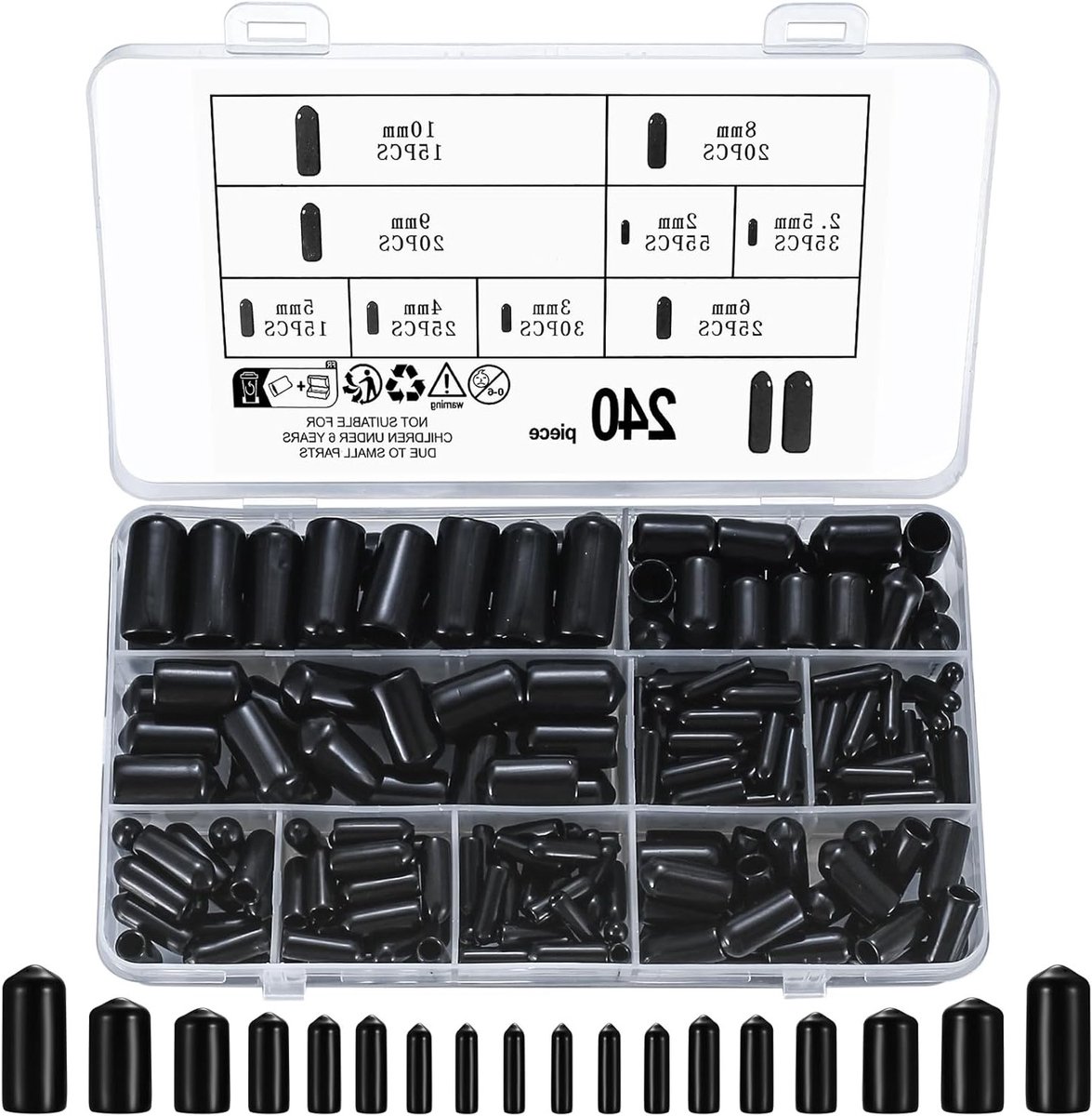 Rubber einddoppen en PVC schroefbeschermers - 240 stuks, ronde buisafdekkingen in 9 maten, zwart, voor bescherming en afwerking
