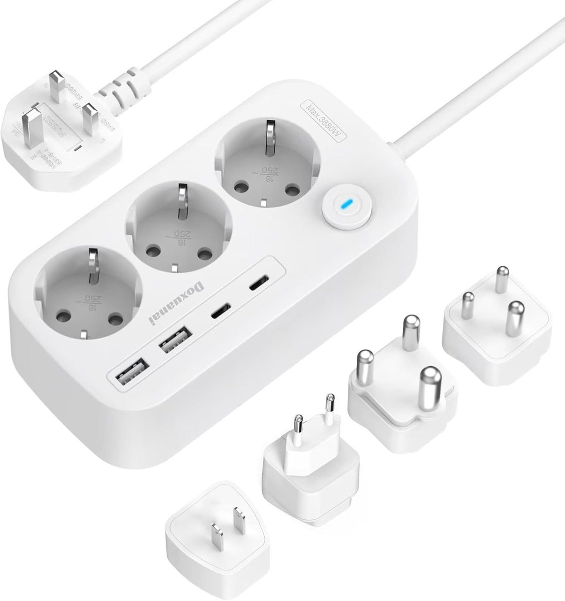 SnelShoppen - International Travel Adapter met 3 Stopcontacten en 4 USB Poorten (2 USB C) - Reisadapter Type A/C/G/I/M/D voor Wereldwijd Gebruik - Ide