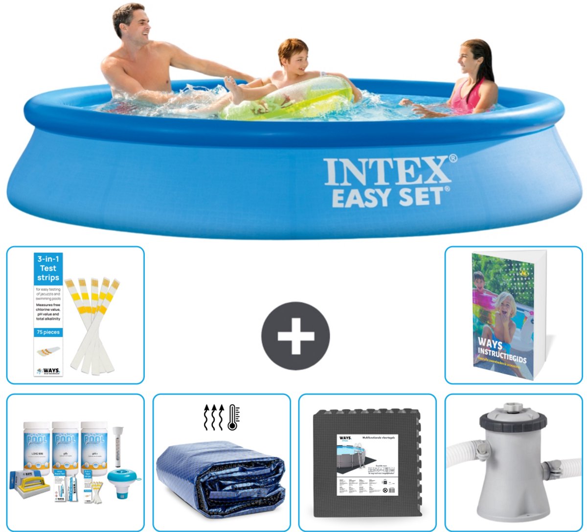 Intex Rond Opblaasbaar Easy Set Zwembad - 305 x 61 cm - Blauw - Inclusief Onderhoudspakket - Solarzeil - Vloertegels - Zwembadfilterpomp - 7-delig