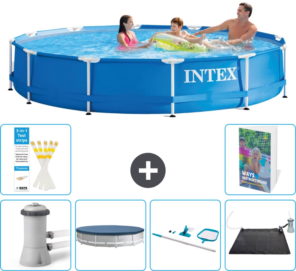Intex Rond Frame Zwembad - 366 x 76 cm - Blauw - Inclusief Pomp - Afdekzeil - Schoonmaakset - Solar Mat - 7-delig