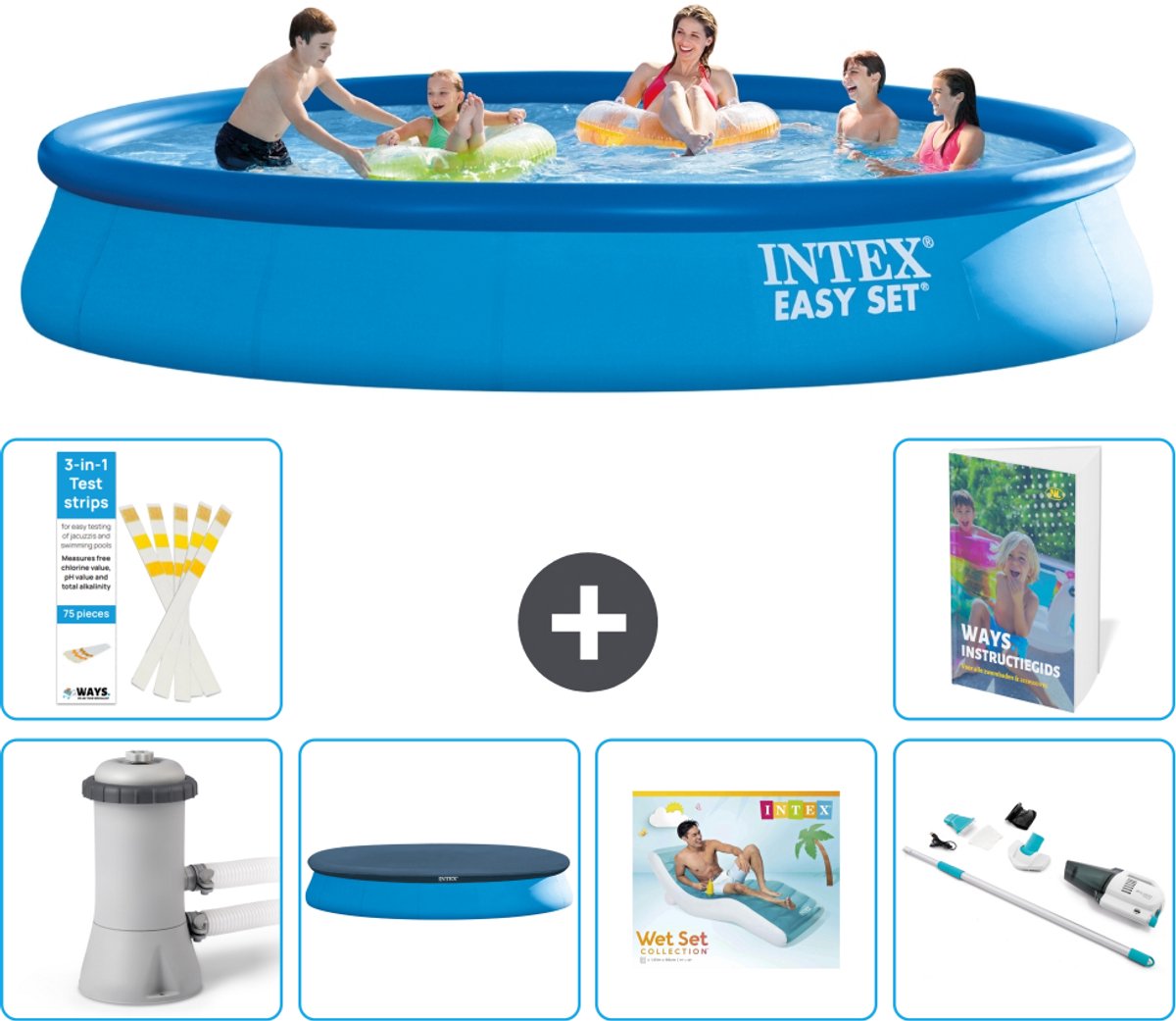 Intex Rond Opblaasbaar Easy Set Zwembad - 457 x 84 cm - Blauw - Inclusief Pomp - Afdekzeil - Loungebed - Stofzuiger - 7-delig