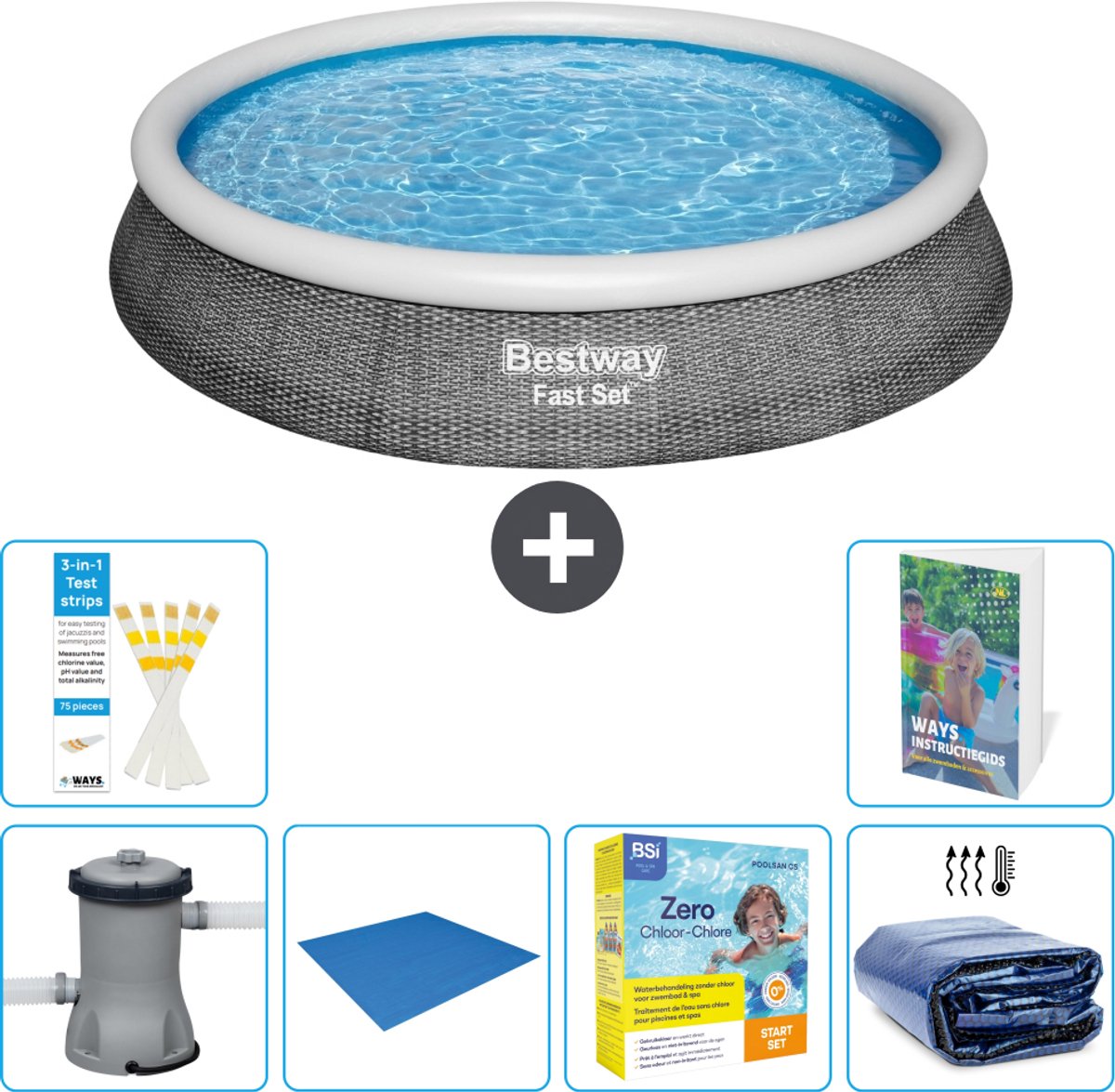 Bestway Rond Opblaasbaar Fast Set Zwembad - Rotanprint - 396 x 84 cm - Inclusief Pomp - Grondzeil - Onderhoudspakket - Solarzeil - 7-delig