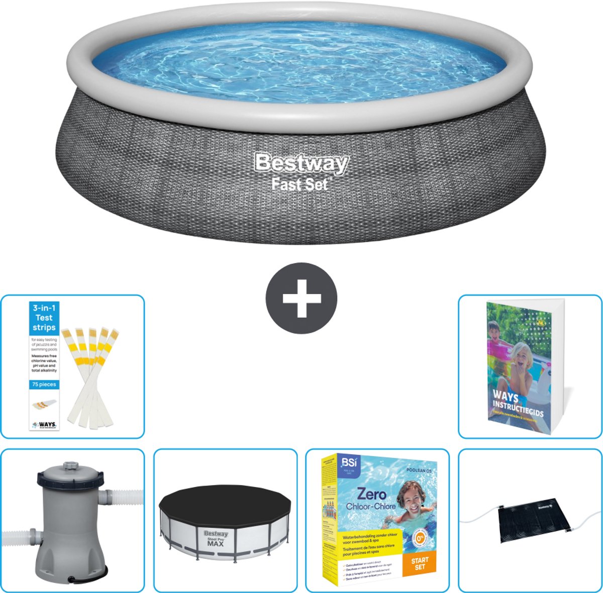 Bestway Rond Opblaasbaar Fast Set Zwembad - Rotanprint - 457 x 84 cm - Inclusief Pomp - Afdekzeil - Onderhoudspakket - Solar Mat - 7-delig
