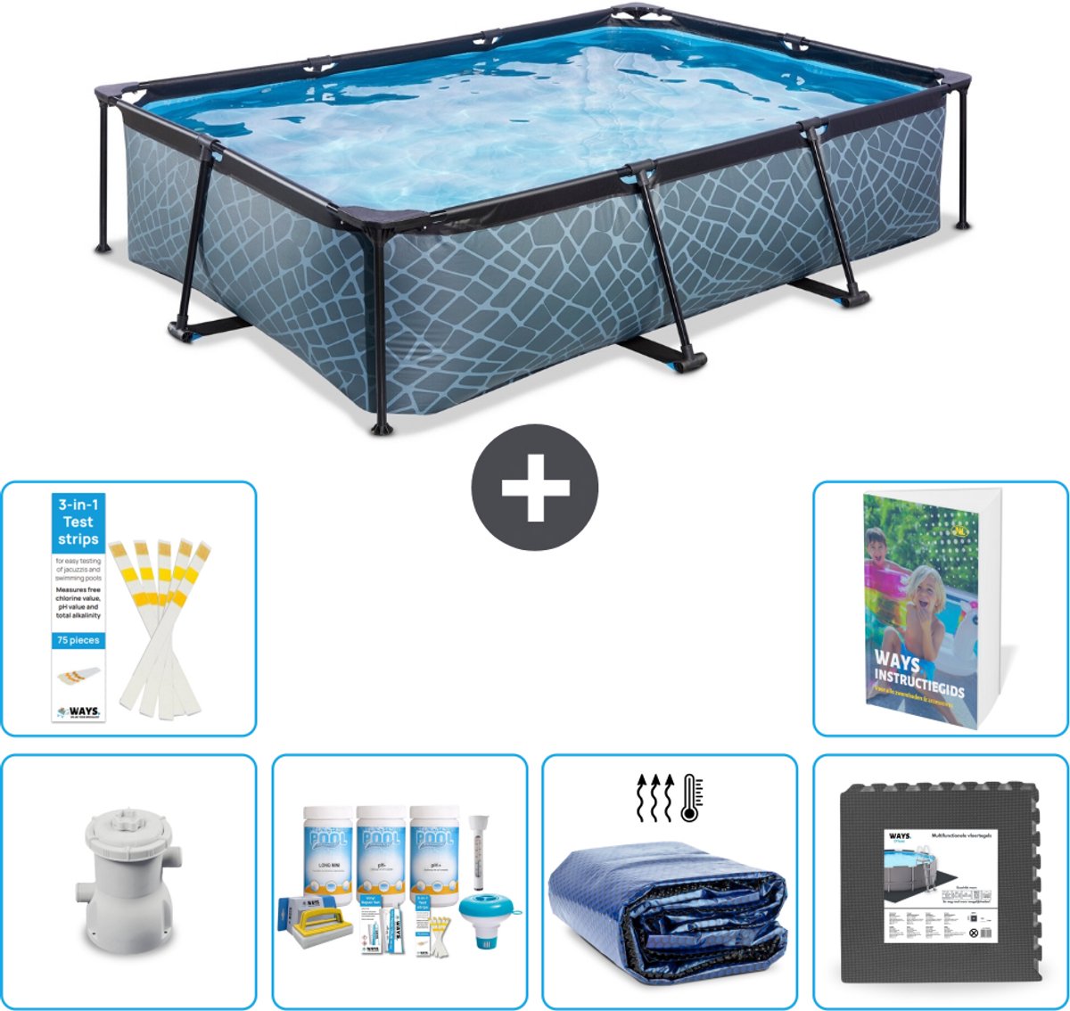 EXIT Rechthoekig Stone Frame Zwembad - 300 x 200 x 65 cm - Inclusief Pomp - Onderhoudspakket - Solarzeil - Vloertegels - 7-delig