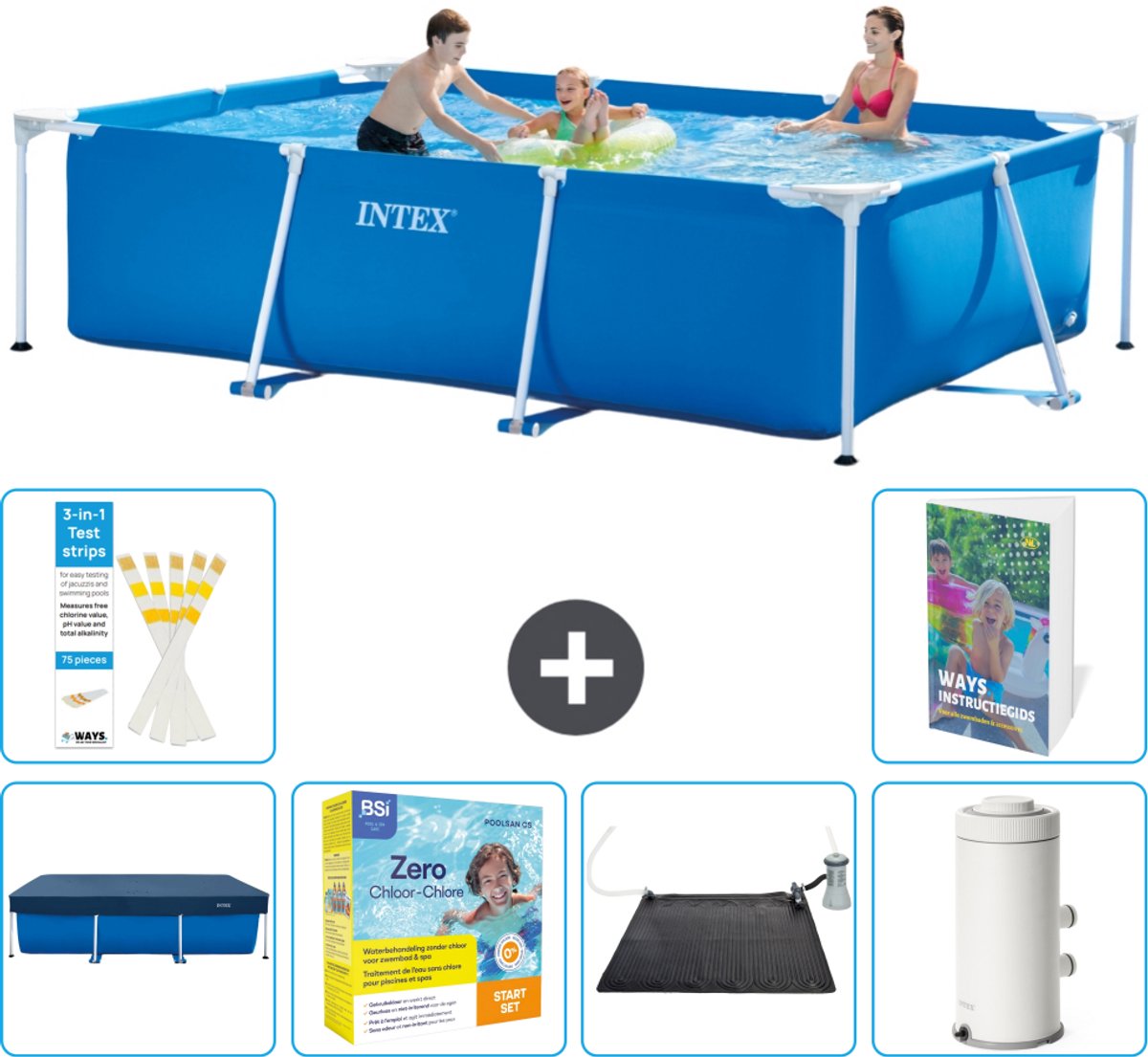 Intex Rechthoekig Frame Zwembad - 300 x 200 x 75 cm - Blauw - Inclusief Afdekzeil - Onderhoudspakket - Solar Mat - Zwembadfilterpomp - 7-delig