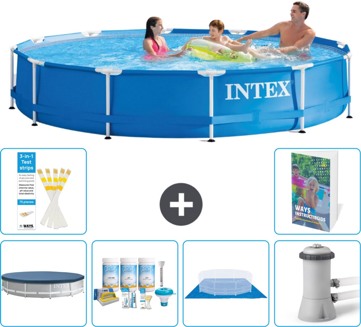 Intex Rond Frame Zwembad - 366 x 76 cm - Blauw - Inclusief Afdekzeil - Onderhoudspakket - Grondzeil - Zwembadfilterpomp - 7-delig