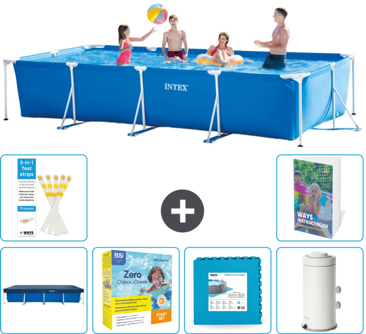 Intex Rechthoekig Frame Zwembad - 450 x 220 x 84 cm - Blauw - Inclusief Afdekzeil - Onderhoudspakket - Vloertegels - Zwembadfilterpomp - 7-delig