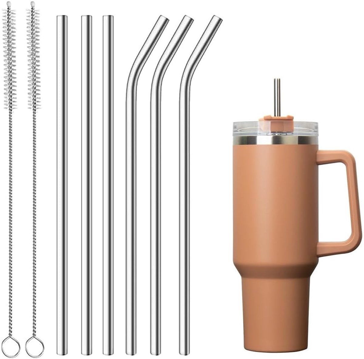 SnelShoppen - Set van 6 herbruikbare RVS drinkrietjes (3 recht + 3 gebogen) met 2 schoonmaakborstels, ideaal voor warme en koude dranken, perfect voor