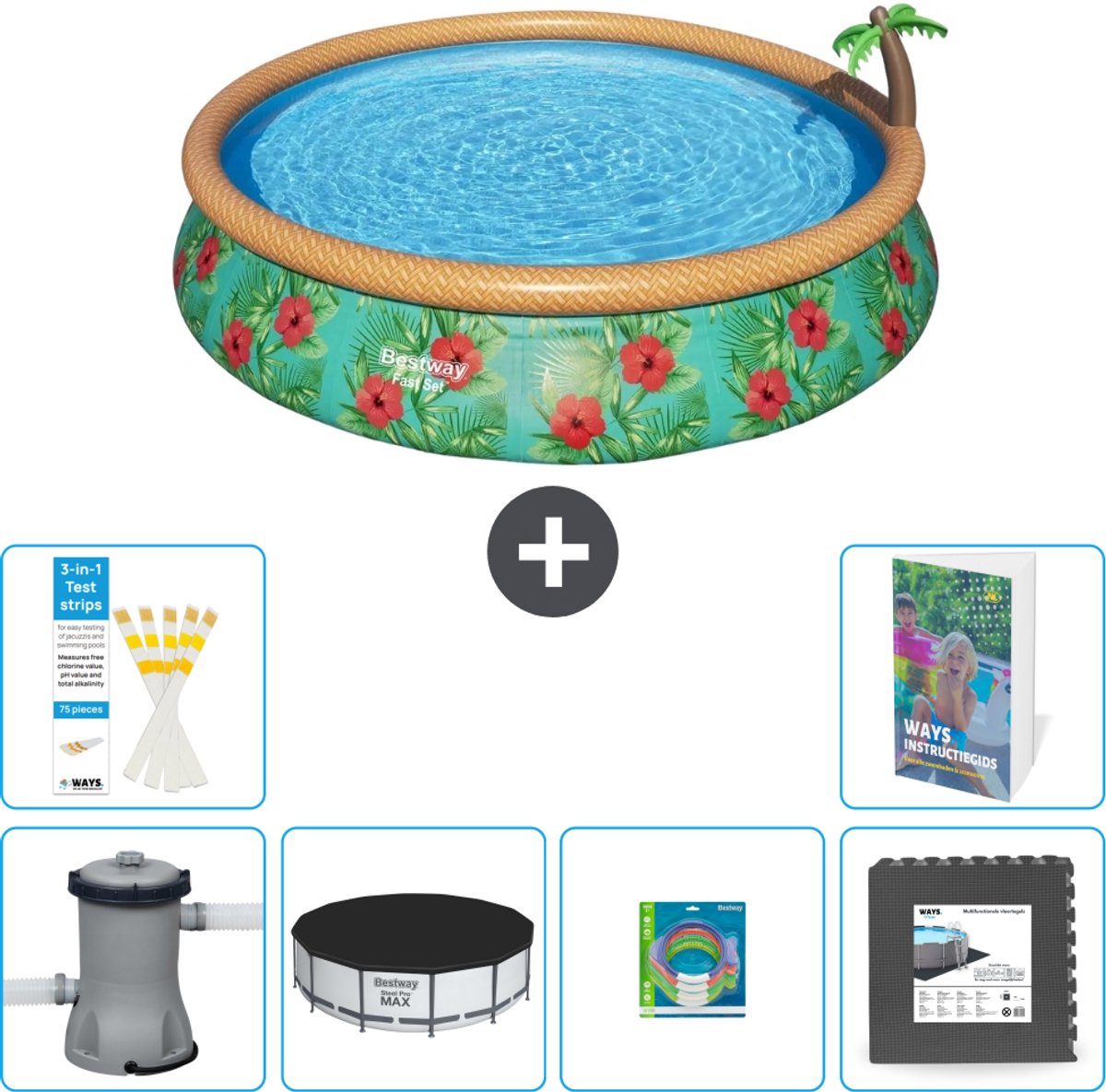 Bestway Rond Opblaasbaar Fast Set Zwembad - Paradijsprint - 457 x 84 cm - Inclusief Pomp - Afdekzeil - Speelgoed - Vloertegels - 7-delig