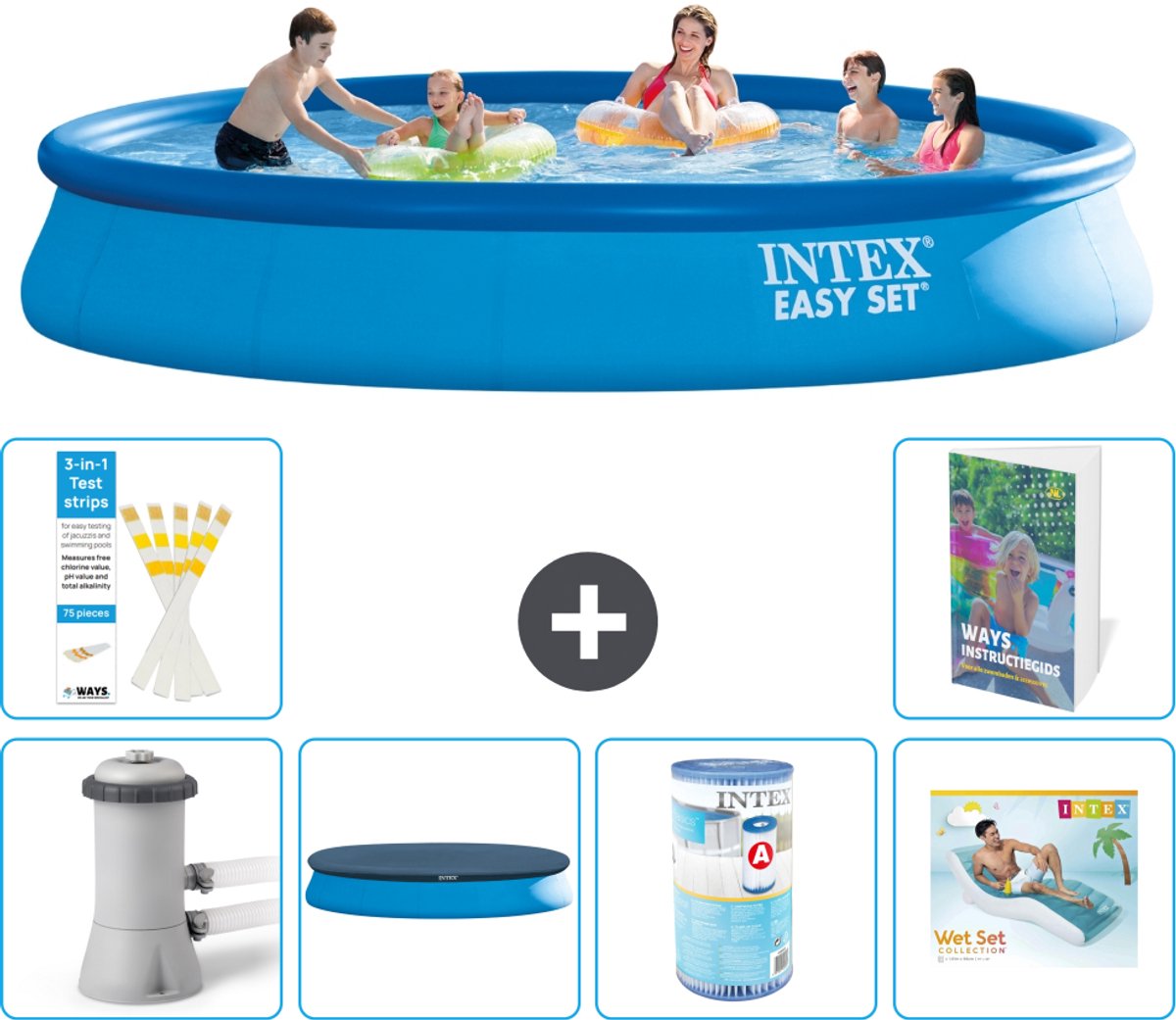 Intex Rond Opblaasbaar Easy Set Zwembad – 457 x 84 cm – Blauw – Inclusief Pomp – Afdekzeil – Filter – Loungebed – 7-delig