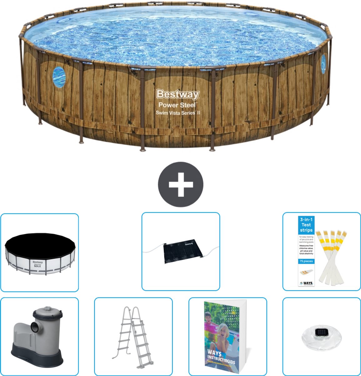 Bestway Rond Power Steel Swim Vista Zwembad - Houtprint - 549 x 122 - Inclusief Pomp - Ladder - Afdekzeil - Solar Mat - Verlichting - 8-delig