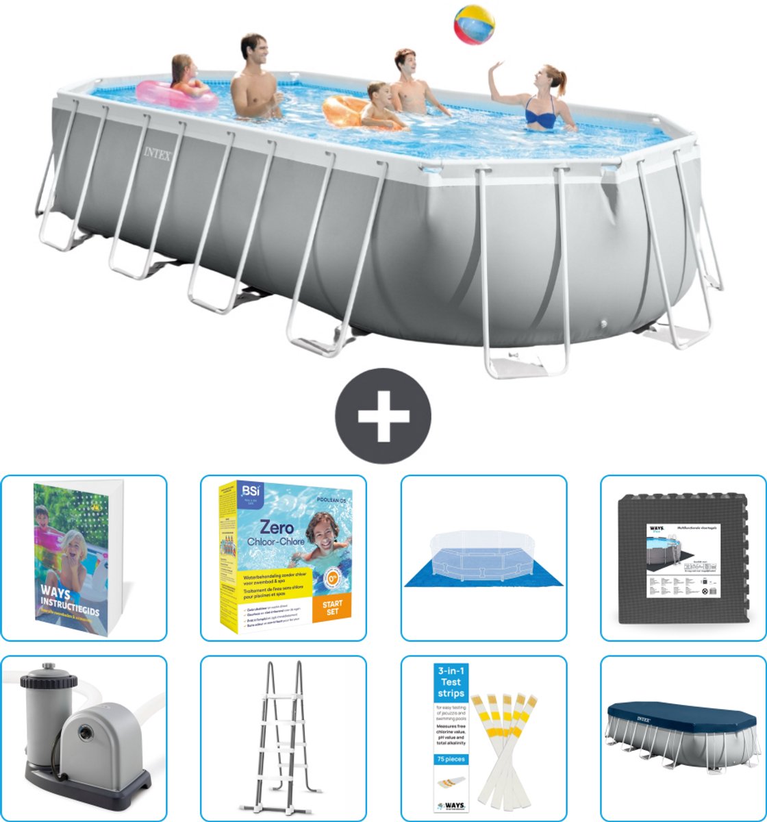 Intex Ovaal Prism Frame Zwembad - 610 x 305 x 122 cm - Grijs - Inclusief Pomp - Ladder - Grondzeil - Afdekzeil - Onderhoudspakket - Vloertegels - 9-delig