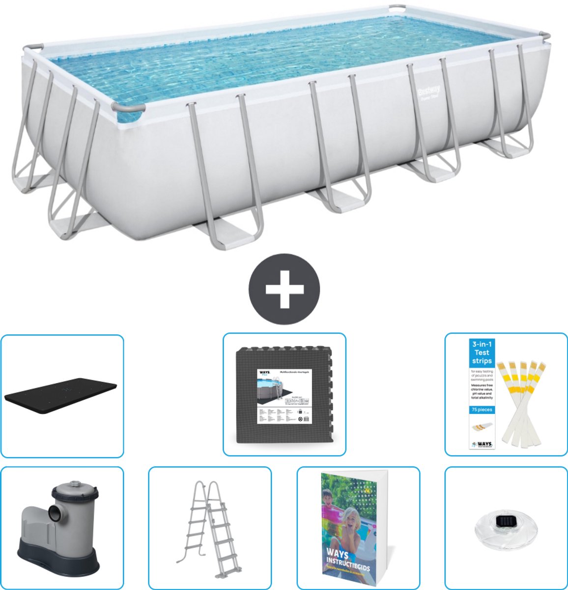 Bestway Rechthoekig Power Steel Zwembad - 549 x 274 x 122 - Grijs - Inclusief Pomp - Ladder - Afdekzeil - Vloertegels - Verlichting - 8-delig