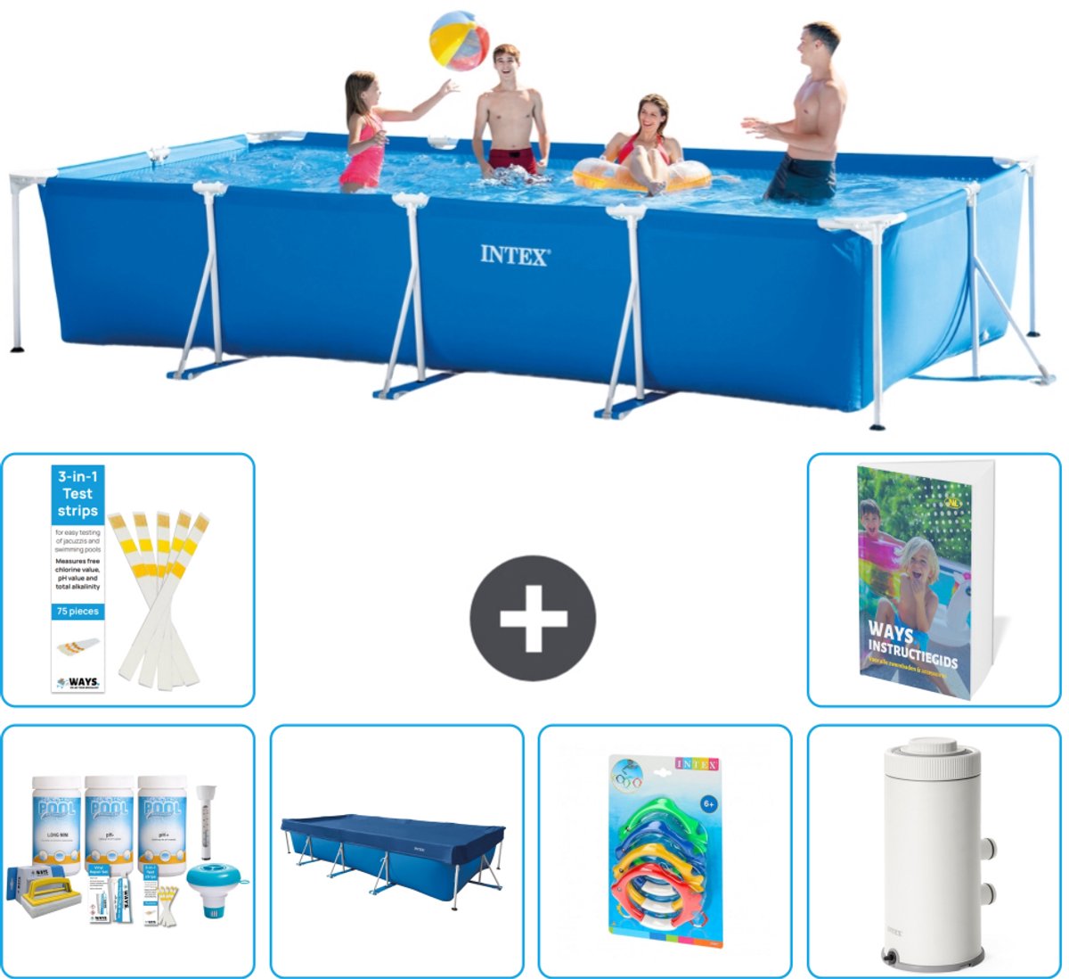 Intex Rechthoekig Frame Zwembad - 450 x 220 x 84 cm - Blauw - Inclusief Onderhoudspakket - Afdekzeil - Speelgoed - Zwembadfilterpomp - 7-delig