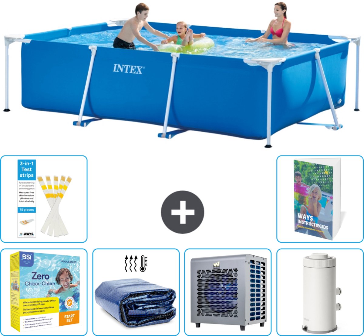 Intex Rechthoekig Frame Zwembad - 300 x 200 x 75 cm - Blauw - Inclusief Onderhoudspakket - Solarzeil - Warmtepomp - Zwembadfilterpomp - 7-delig