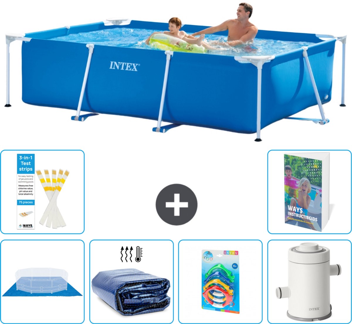 Intex Rechthoekig Frame Zwembad - 260 x 160 x 65 cm - Blauw - Inclusief Grondzeil - Solarzeil - Speelgoed - Zwembadfilterpomp - 7-delig