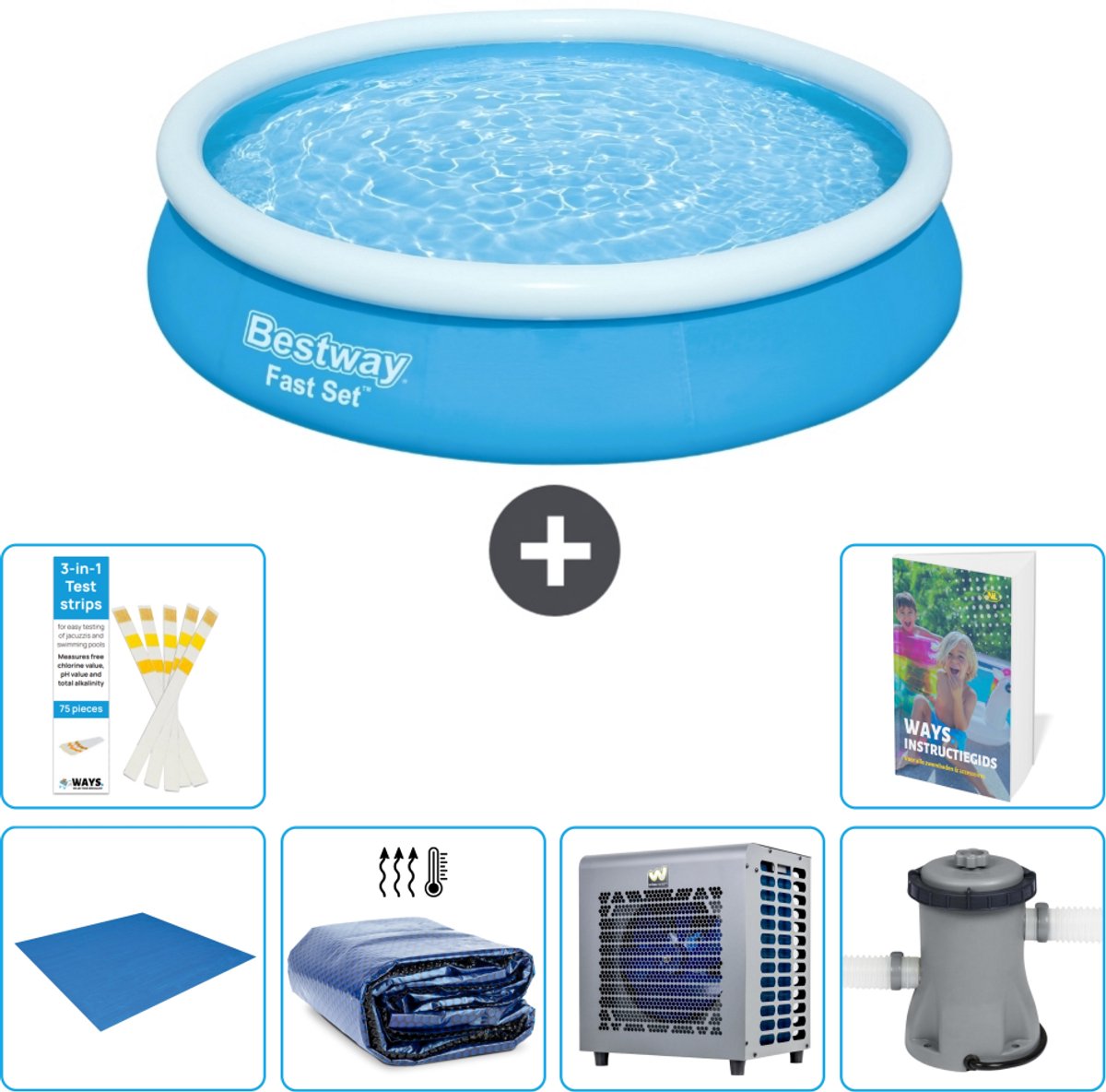 Bestway Rond Opblaasbaar Fast Set Zwembad - 366 x 76 cm - Blauw - Inclusief Grondzeil - Solarzeil - Warmtepomp - Zwembadfilterpomp - 7-delig