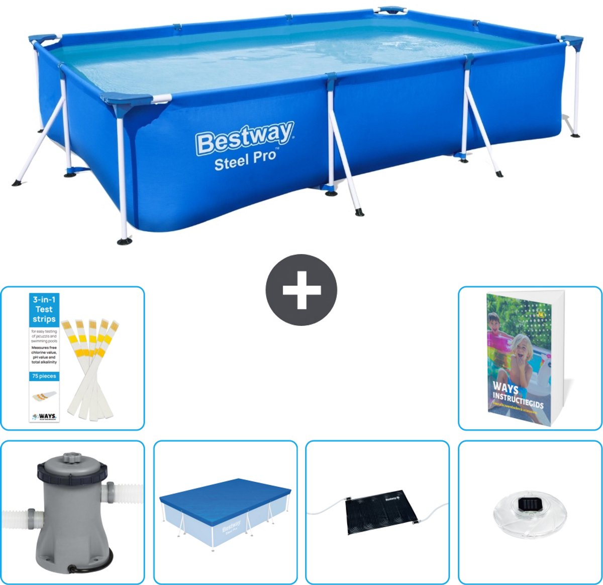 Bestway Rechthoekig Steel Pro Zwembad - 300 x 201 x 66 cm - Blauw - Inclusief Pomp - Afdekzeil - Solar Mat - Verlichting - 7-delig