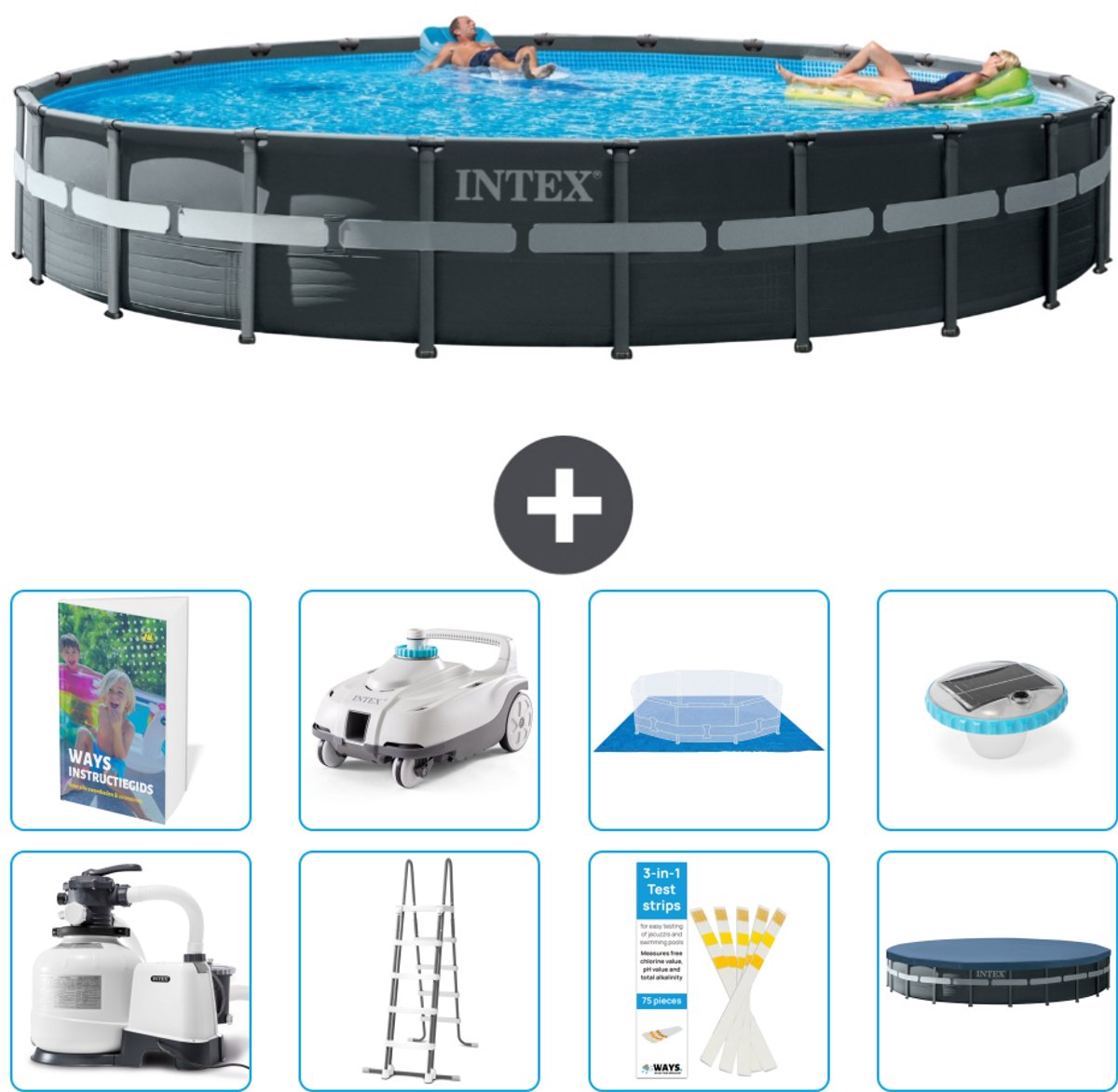 Intex Rond Ultra XTR Frame Zwembad - 732 x 132 cm - Inclusief Pomp - Ladder - Grondzeil - Afdekzeil - Stofzuiger - Verlichting - 9-delig