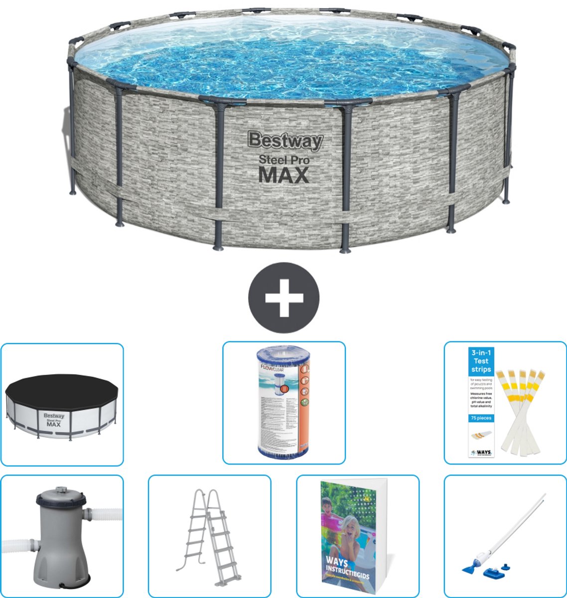 Bestway Rond Steel Pro MAX Zwembad - Steenprint - 427 x 122 cm - Inclusief Pomp - Ladder - Afdekzeil - Filter - Stofzuiger - 8-delig