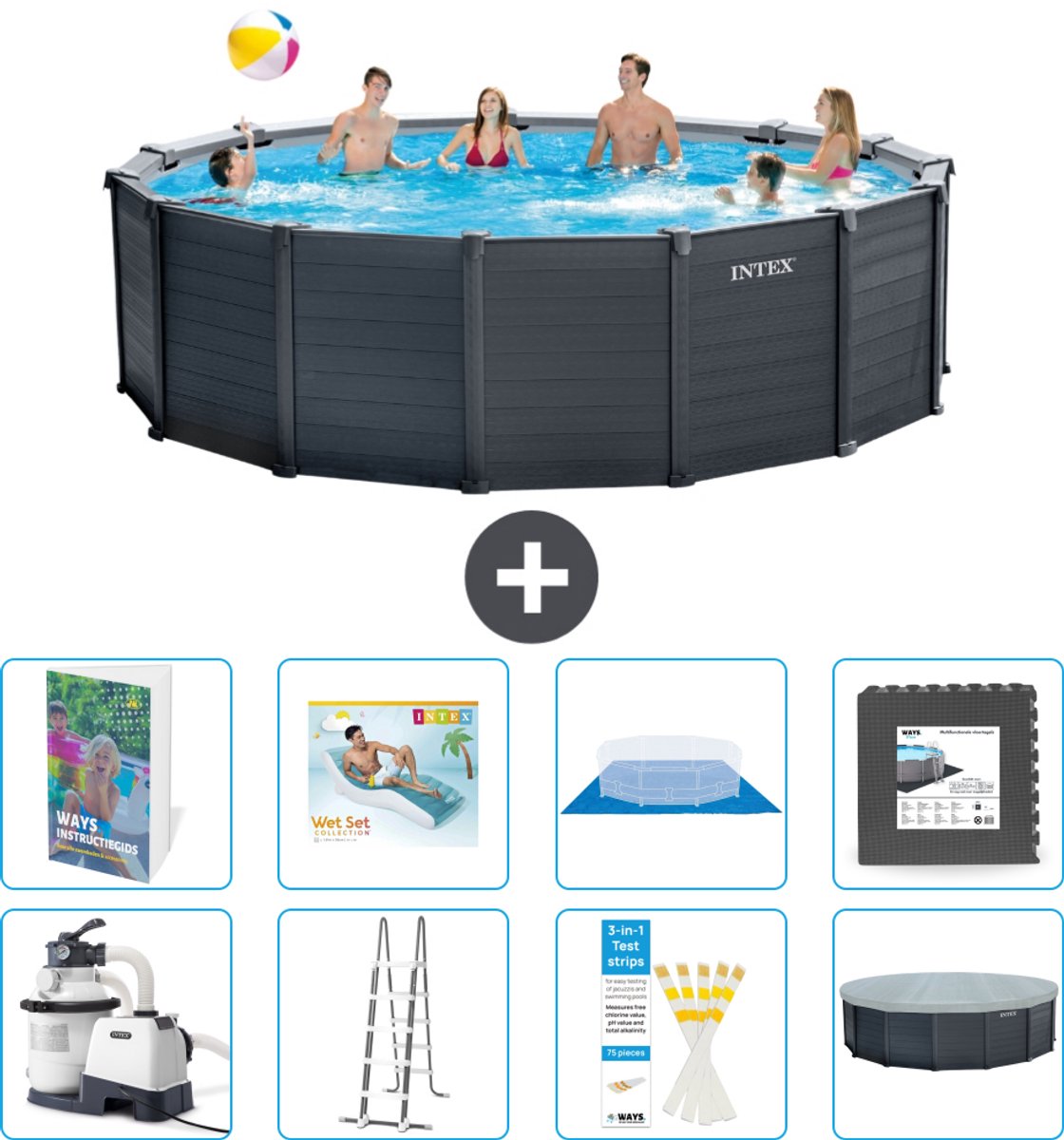 Intex Rond Graphite Gray Panel Zwembad - 478 x 124 cm - Inclusief Pomp - Ladder - Grondzeil - Afdekzeil - Loungebed - Vloertegels - 9-delig
