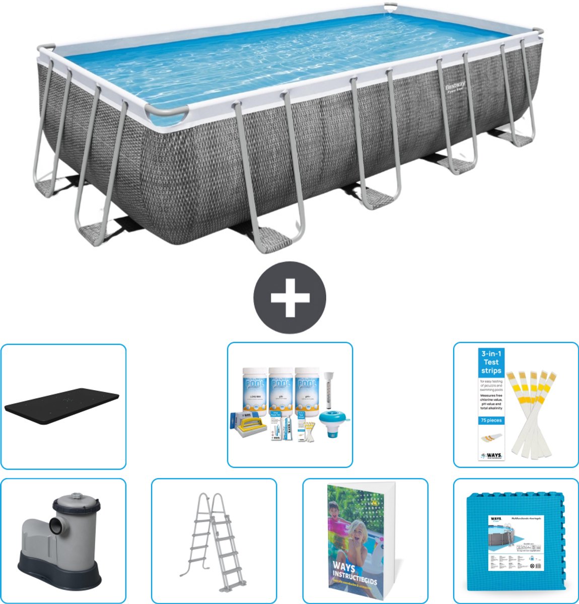 Bestway Rechthoekig Power Steel Zwembad - Rattanprint - 549 x 274 x 122 - Inclusief Pomp - Ladder - Afdekzeil - Onderhoudspakket - Vloertegels - 8-delig