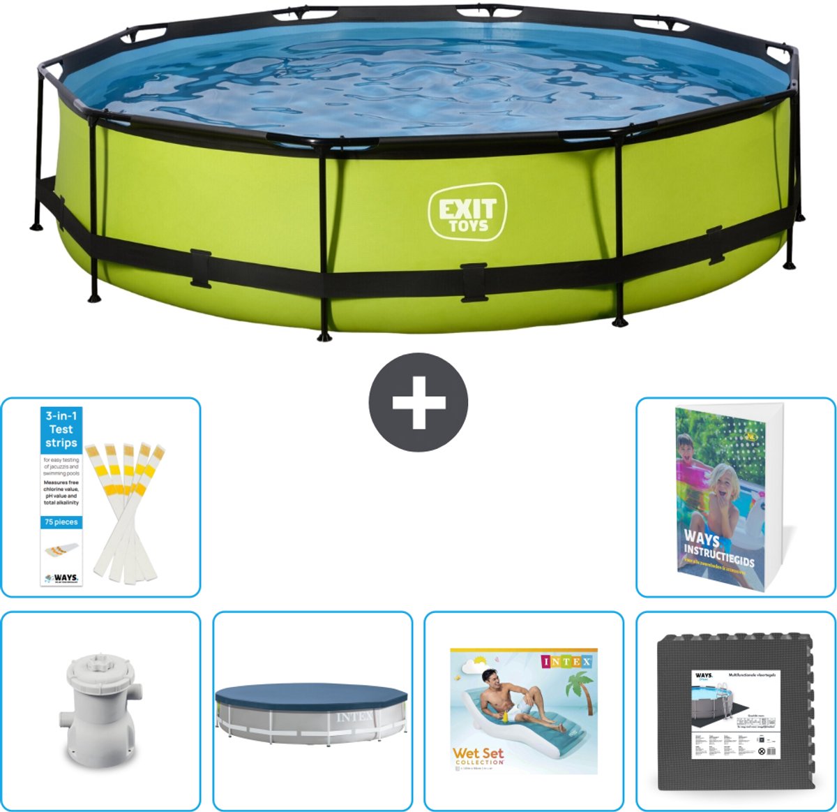 EXIT Rond Lime Frame Zwembad - 360 x 76 cm - Inclusief Pomp - Afdekzeil - Loungebed - Vloertegels - 7-delig
