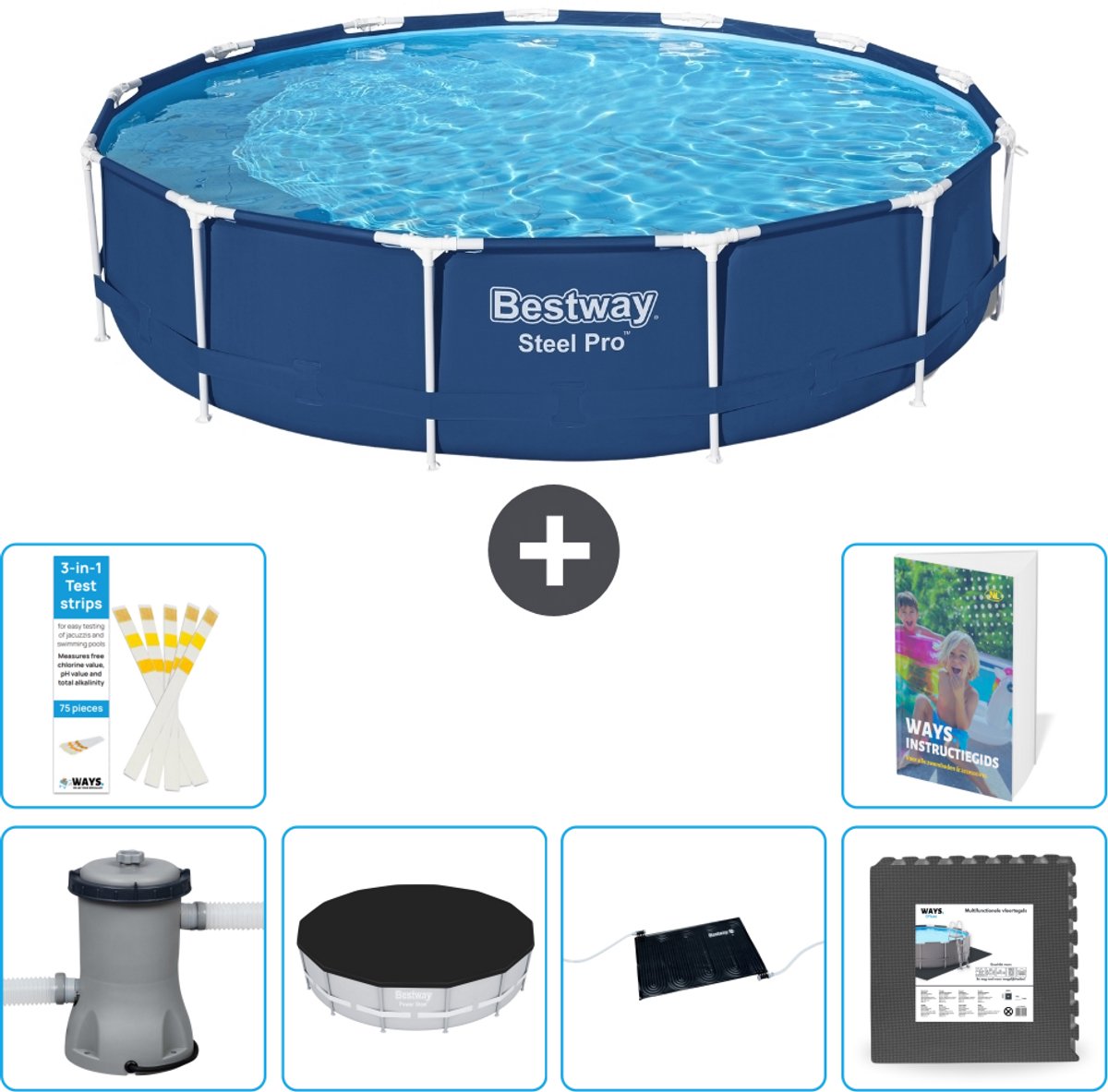 Bestway Rond Steel Pro Zwembad - 396 x 84 cm - Blauw - Inclusief Pomp - Afdekzeil - Solar Mat - Vloertegels - 7-delig