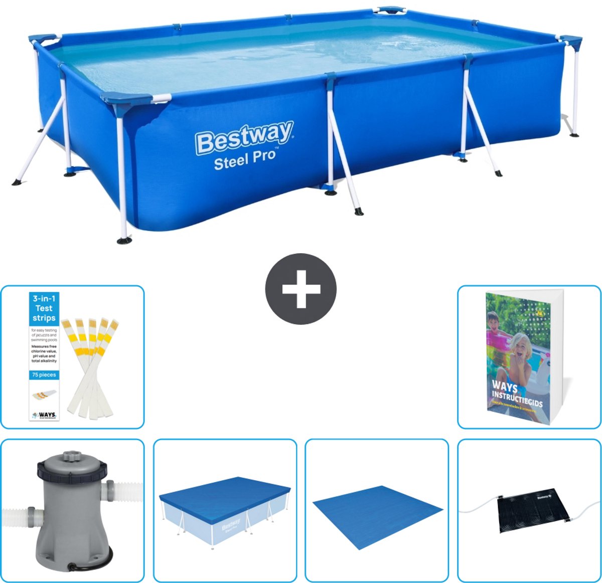 Bestway Rechthoekig Steel Pro Zwembad - 300 x 201 x 66 cm - Blauw - Inclusief Pomp - Afdekzeil - Grondzeil - Solar Mat - 7-delig