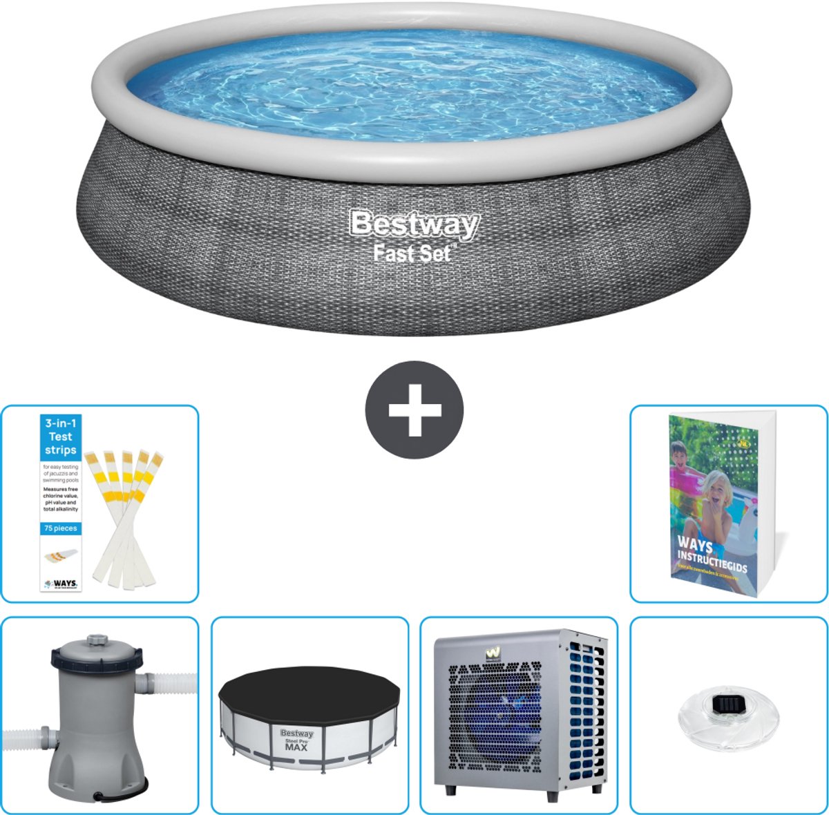 Bestway Rond Opblaasbaar Fast Set Zwembad - Rotanprint - 457 x 84 cm - Inclusief Pomp - Afdekzeil - Warmtepomp - Verlichting - 7-delig