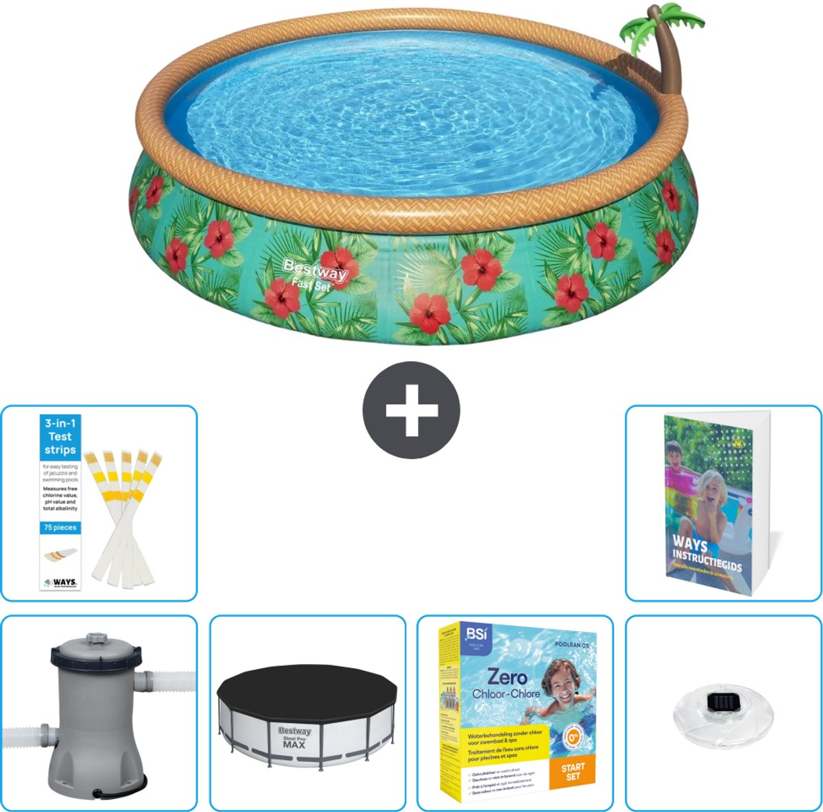 Bestway Rond Opblaasbaar Fast Set Zwembad - Paradijsprint - 457 x 84 cm - Inclusief Pomp - Afdekzeil - Onderhoudspakket - Verlichting - 7-delig