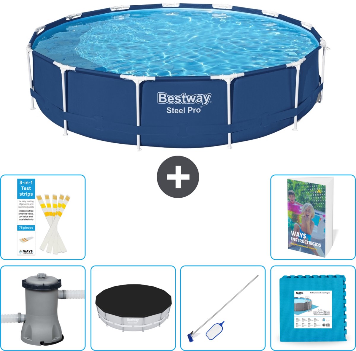 Bestway Rond Steel Pro Zwembad - 396 x 84 cm - Blauw - Inclusief Pomp - Afdekzeil - Schoonmaakset - Vloertegels - 7-delig