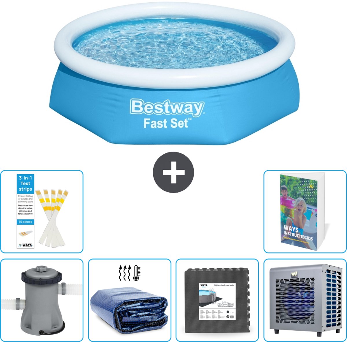 Bestway Rond Opblaasbaar Fast Set Zwembad - 244 x 61 cm - Blauw - Inclusief Pomp - Solarzeil - Vloertegels - Warmtepomp - 7-delig