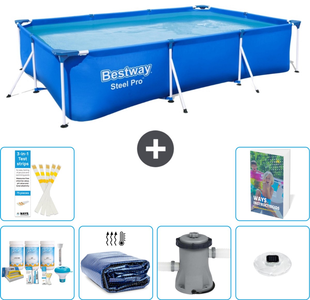 Bestway Rechthoekig Steel Pro Zwembad - 300 x 201 x 66 cm - Blauw - Inclusief Onderhoudspakket - Solarzeil - Zwembadfilterpomp - Verlichting - 7-delig