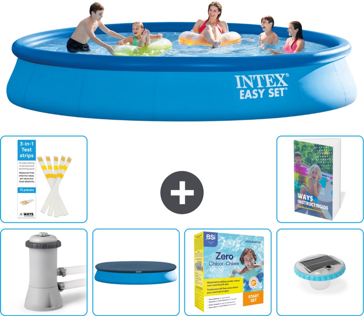 Intex Rond Opblaasbaar Easy Set Zwembad - 457 x 84 cm - Blauw - Inclusief Pomp - Afdekzeil - Onderhoudspakket - Verlichting - 7-delig