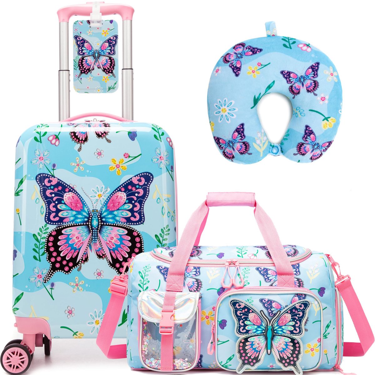 SnelShoppen - 3-delige kinderkoffer en reistas voor kinderen, handbagage met 4 wielen 360 graden, vlinder motief, blauw, ideaal voor vakantie en uitje