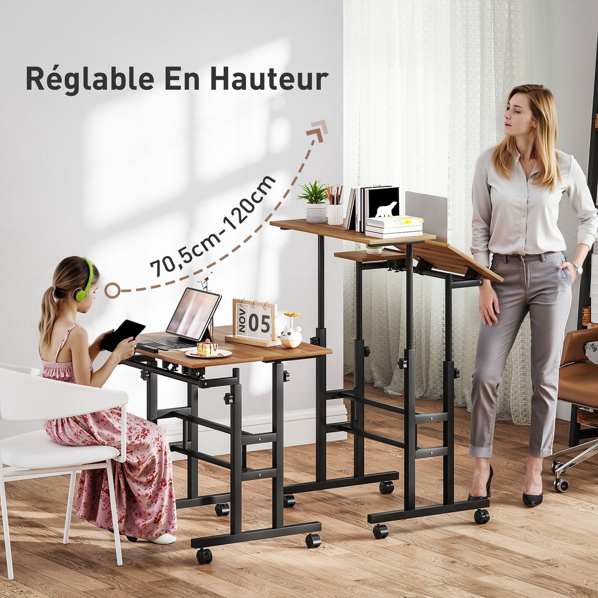 In hoogte verstelbaar zit-sta bureau 70 x 60 cm met wielen, kantelbaar blad, bruin metalen frame thumbnail 6